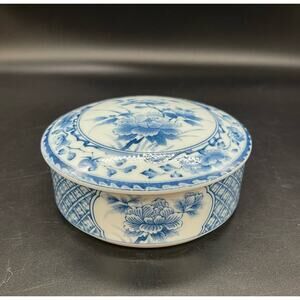 Japanese Trinket Box Powder Box Blue & White 5" Japan